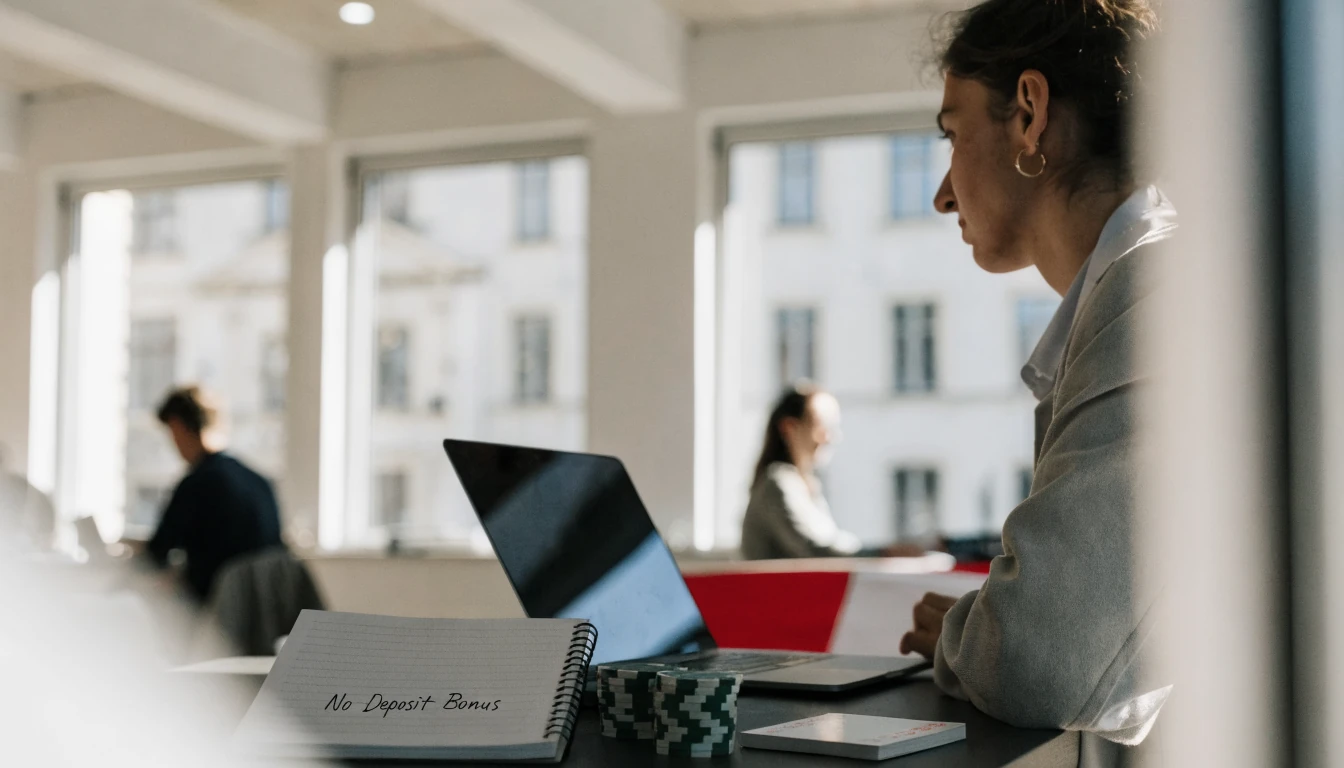 Junger Mensch mit Laptop, Casino-Chips, Notiz im Coworking-Bereich