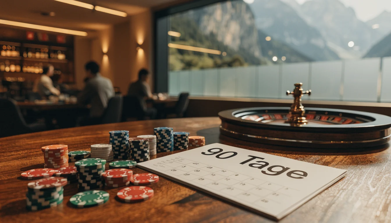 Casino‑Tisch mit Chips, Roulette und geöffnetem Kalender (90 Tage)