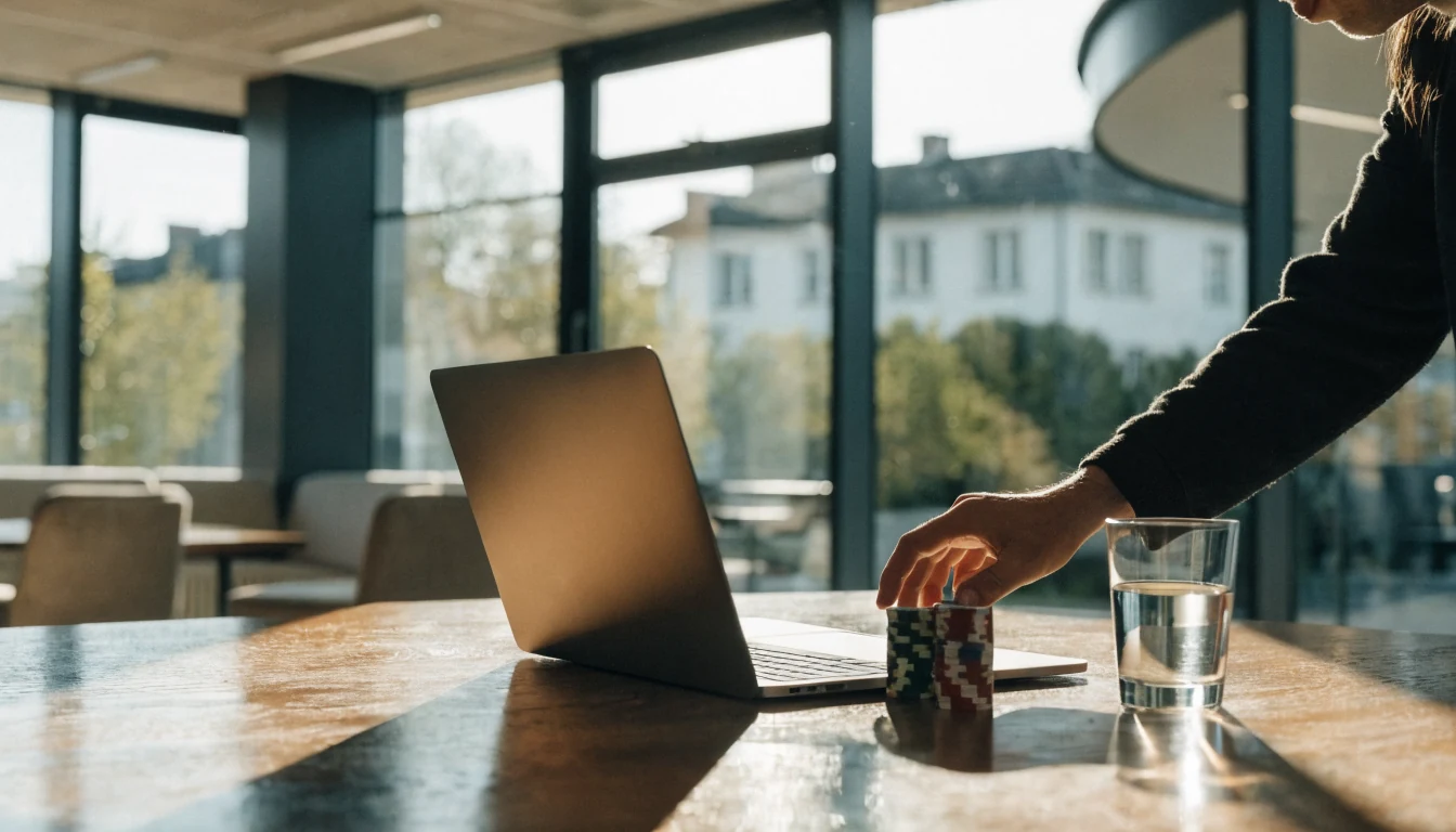 Schweizer Büro mit Laptop, Chips und ruhiger Atmosphäre