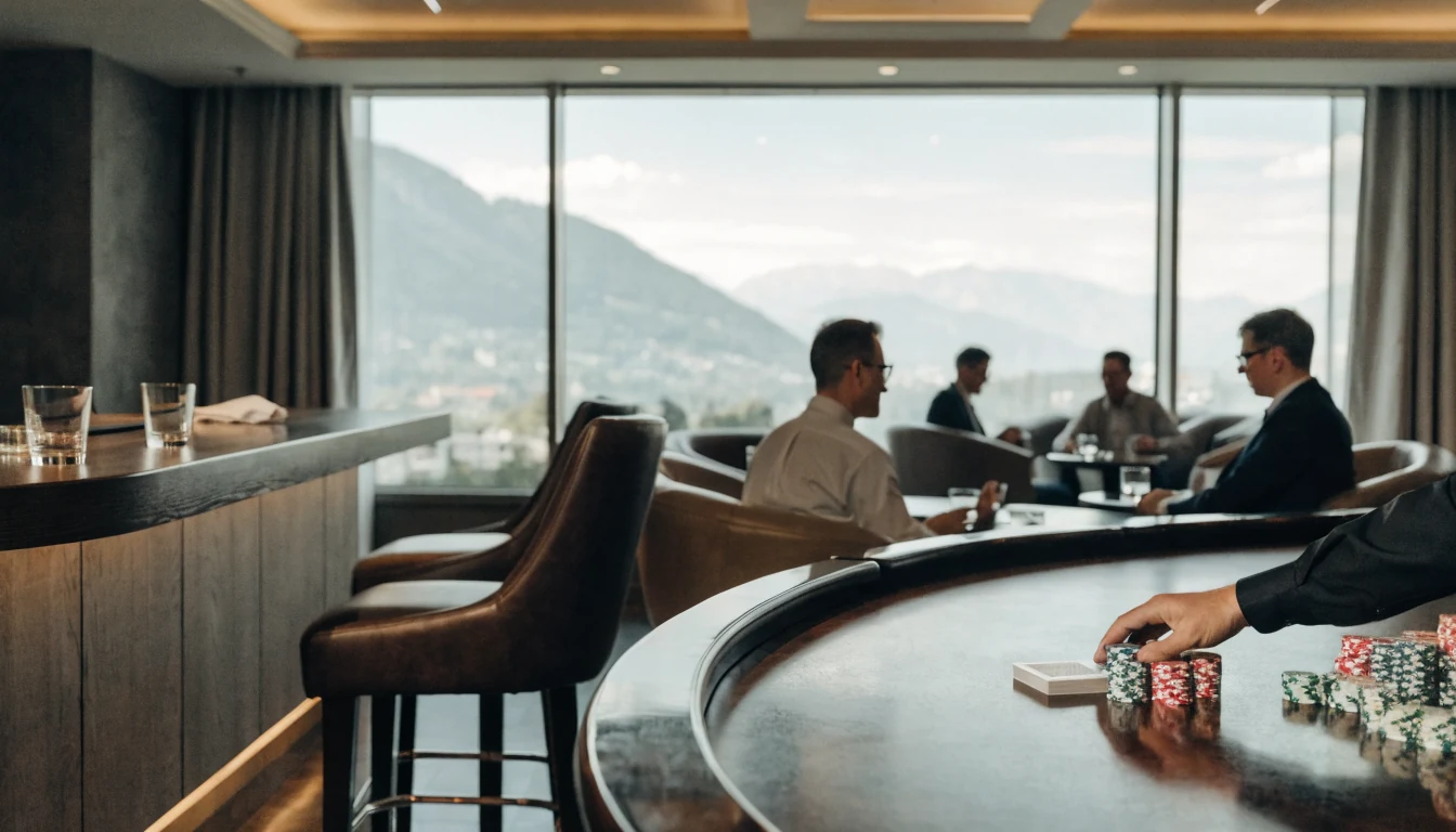 Eleganter Schweizer Casino-Loungebereich mit Chips und Karten