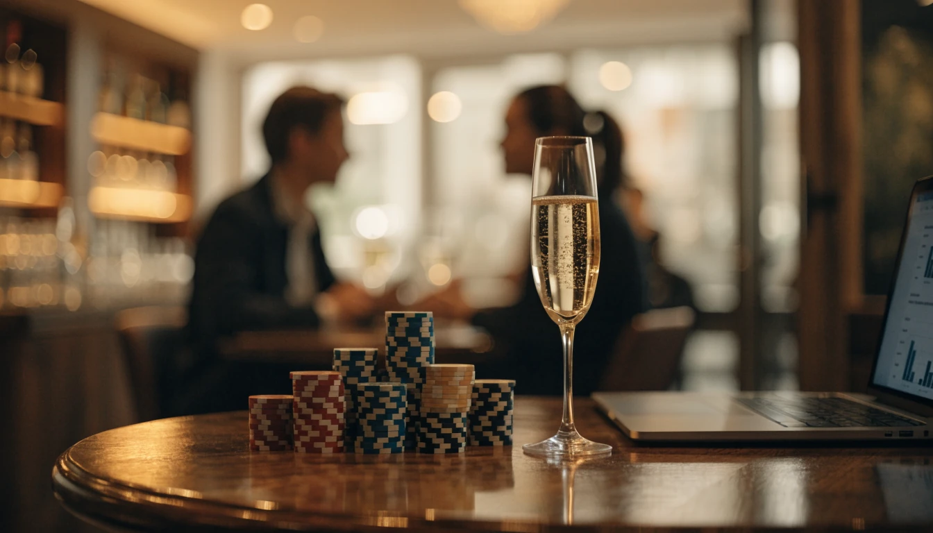 Luxuriöse Bar mit Casino‑Chips und Champagner