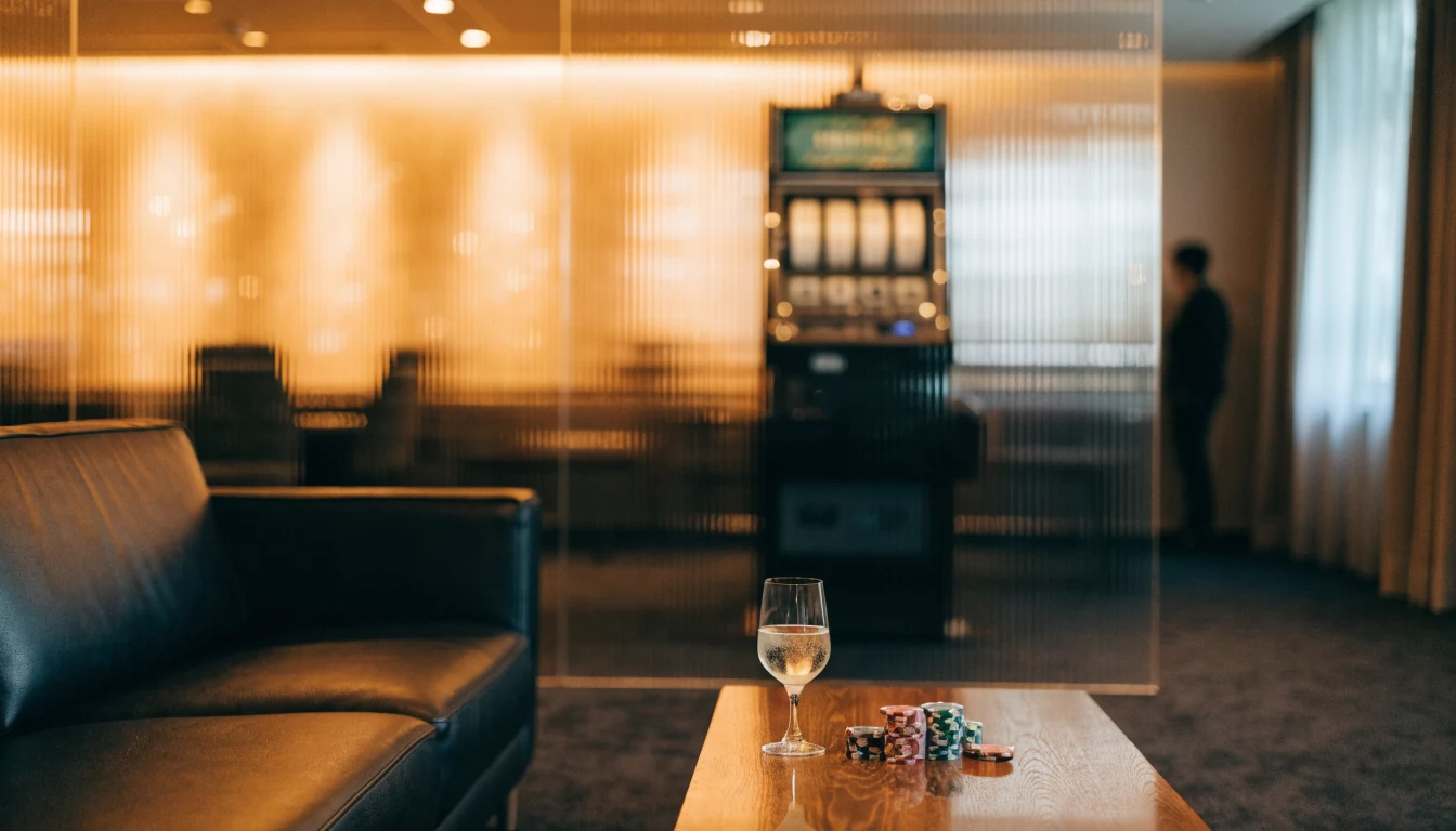 Gemütliche Schweizer Casinolounge mit goldenem Licht und Chips.