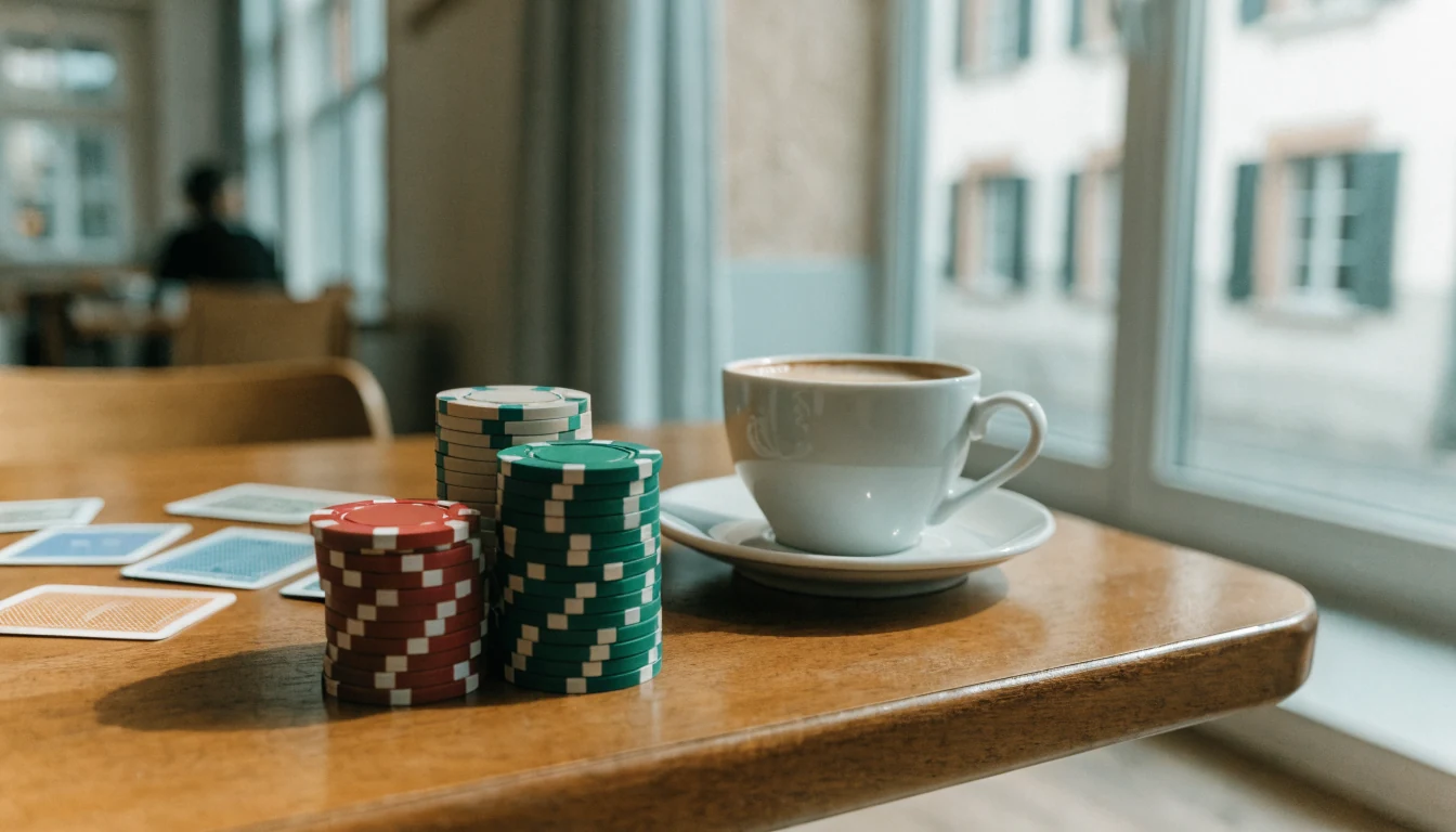 Schweizer Café mit Spielchips und Karten im Tageslicht