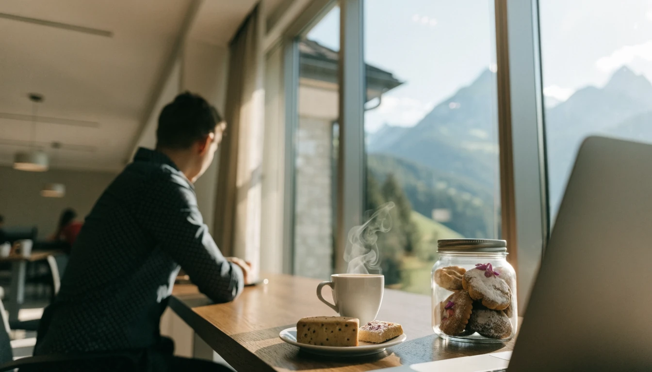 Arbeitsplatz mit Laptop, Kaffee und Schweizer Cookies, Alpenblick