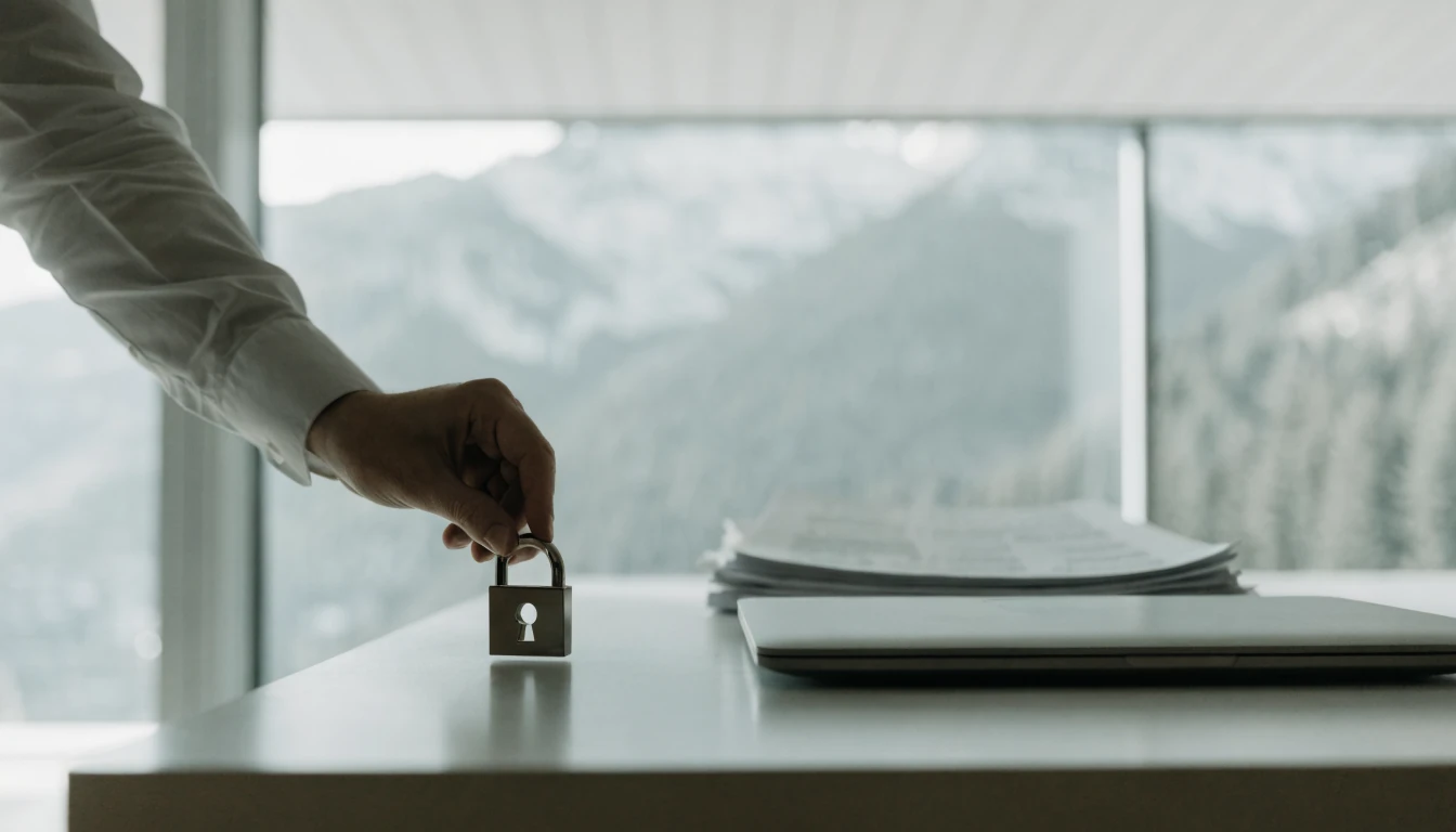 Realistisches Büro in der Schweiz, Laptop, Papier und ein Symbol für Datenschutz