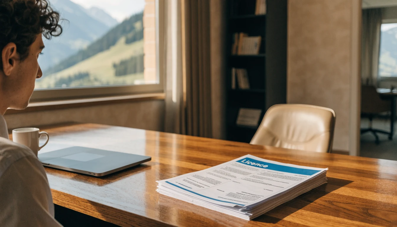 Professionelles Schweizer Büro mit Lizenzen und Laptop, Alpine Aussicht im Hintergrund