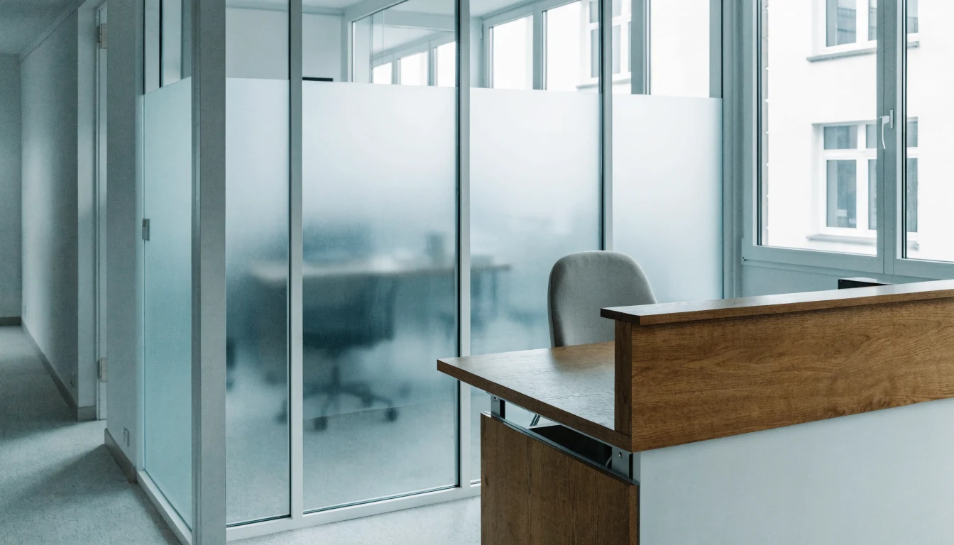 Moderne Schweizer Bürorezeption mit hellem Schreibtisch und natürlichem Licht