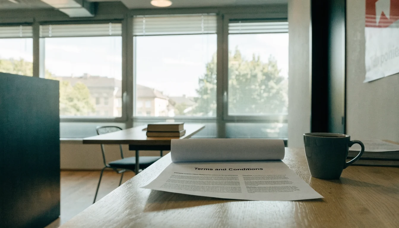 Realistisches Foto eines Schreibtisches mit Vertragsdokument in einem Schweizer Büro