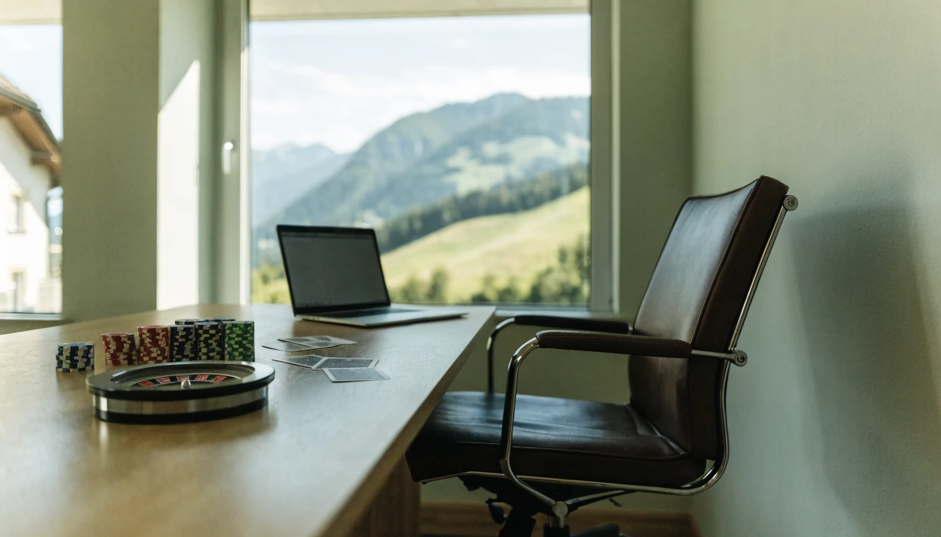 Modernes Schweizer Büro mit Casino‑Accessoires und natürlichem Licht