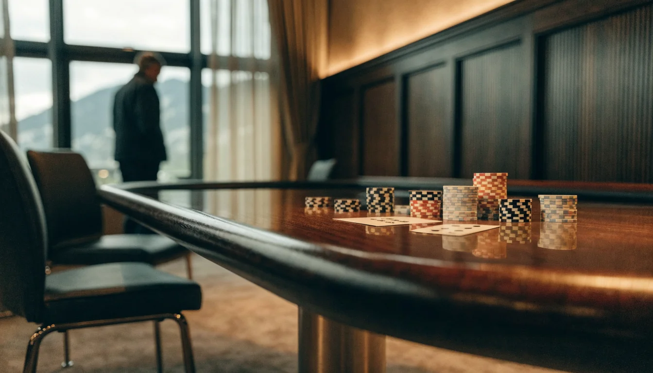 Schicker Casinotisch mit Chips und Karten, warmes Licht