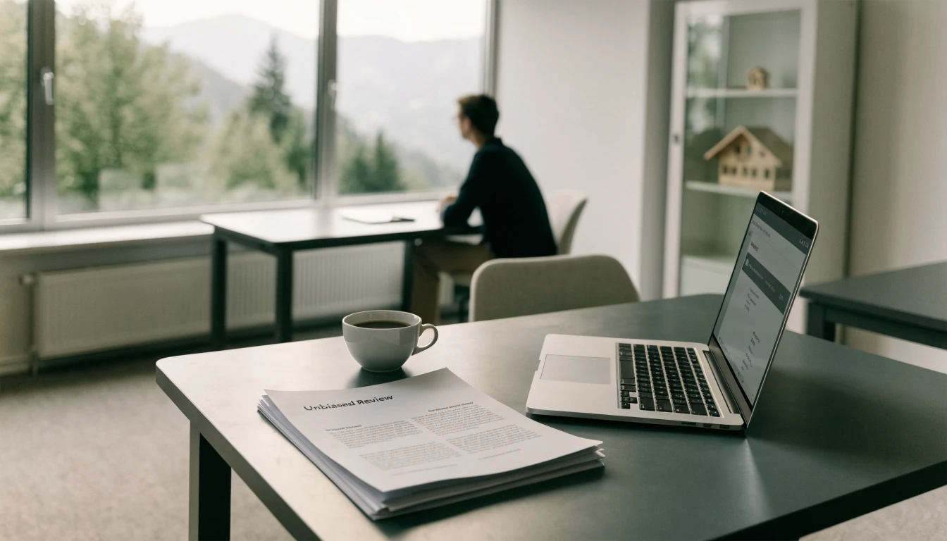 Realistisches Bild eines sauberen Büros mit Laptop und Unterlagen